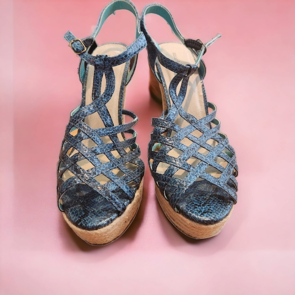 Platform woven 5 1/2" heel 1 1/2" platform synthetic snakeskin sandals.